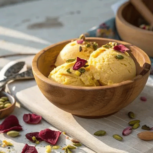 طرز تهیه بستنی سنتی زعفرانی خانگی با خامه کش‌دار و پسته