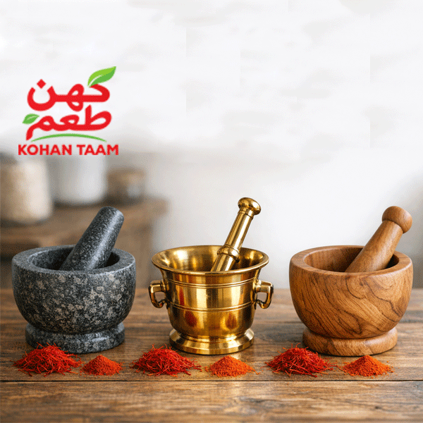 راهنمای خرید هاون مناسب برای ساییدن زعفران (سنگی، برنجی یا چوبی؟)